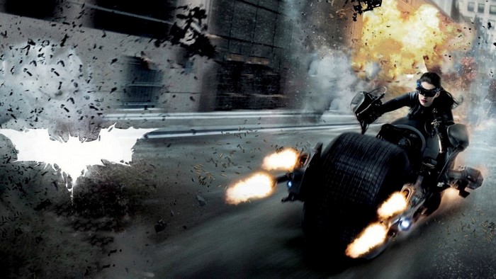Catwoman on Batpod during explosion