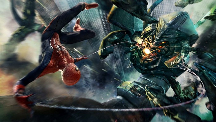 Spider-Man fighting a large robot
