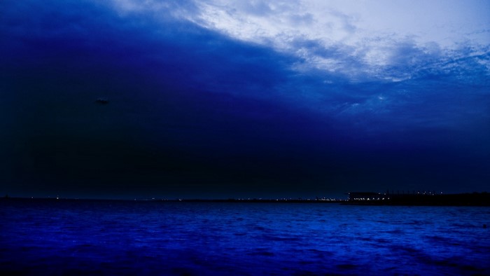 Dark ocean under a cloudy night sky
