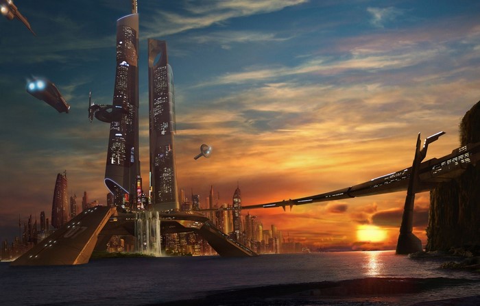 Futuristic city with skyscrapers and flying vehicles at sunset