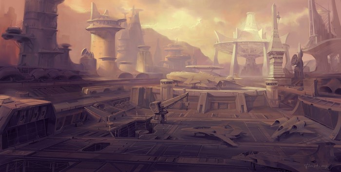 Futuristic cityscape with aircraft and cranes