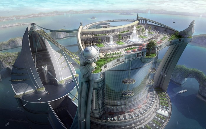 Futuristic Stadium and Vehicle in Sci-Fi City