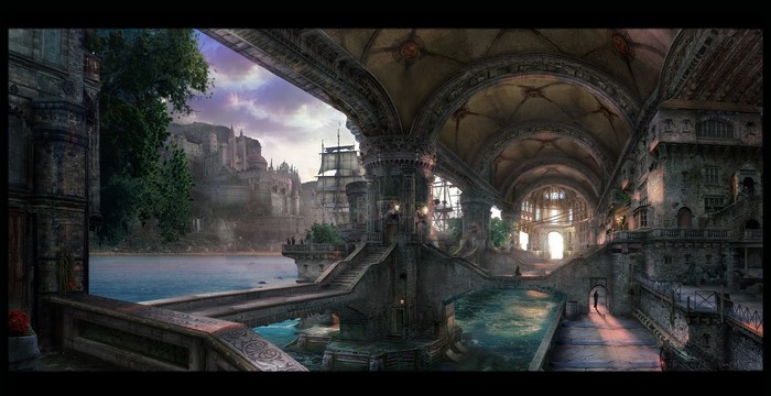 Fantasy city with ships and canals