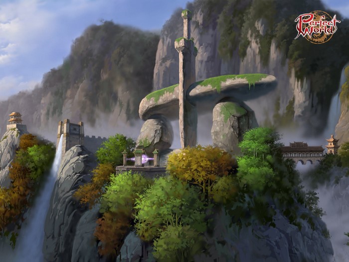 Perfect World fantasy art landscape with waterfalls and mountains