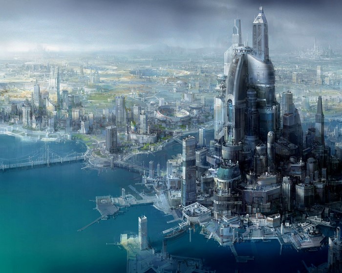 Futuristic city skyline with skyscrapers and a bay