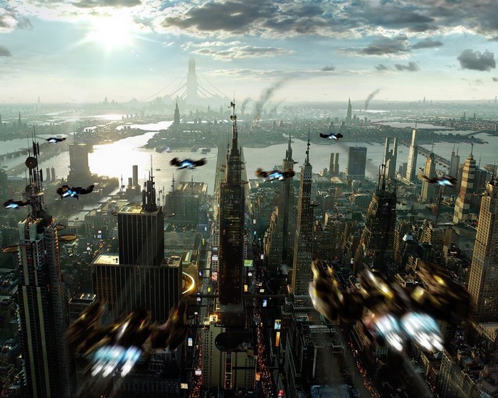 Futuristic cityscape with flying vehicles at dusk