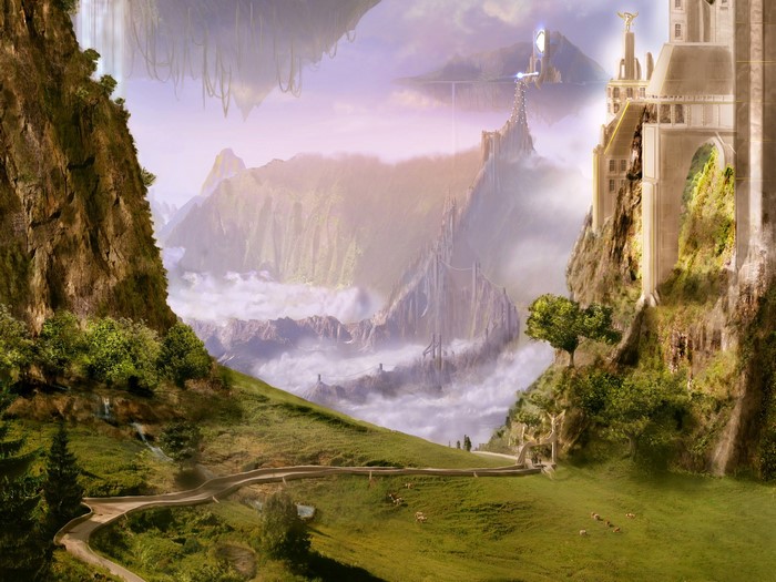 Fantasy landscape with floating islands and castles