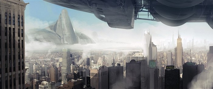 Science fiction cityscape with futuristic airship