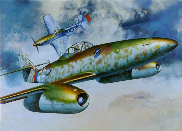 Messerschmitt Me 262 and P-51 Mustang in flight