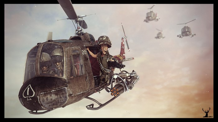 Cartoon soldiers in a military helicopter during the Vietnam War