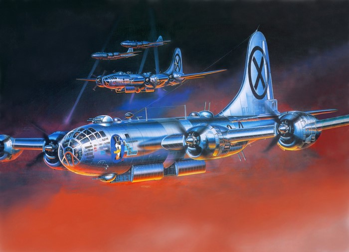 B-29 Bombers with X-Force Symbol Flying Over Fiery Sky