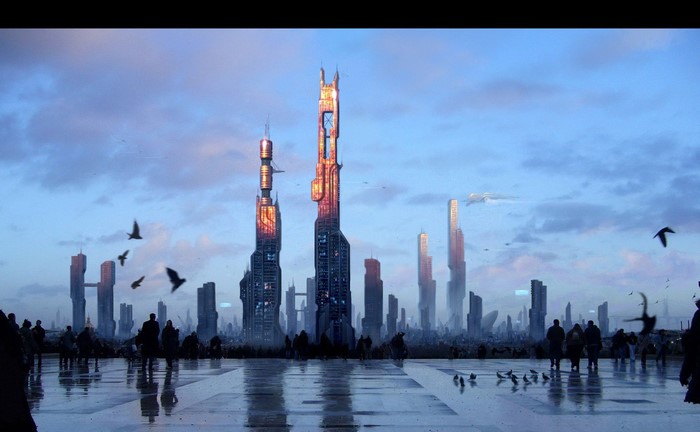Futuristic cityscape with towering skyscrapers at dusk