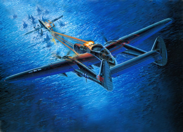 Northrop P-61 Black Widow aircraft in combat over water