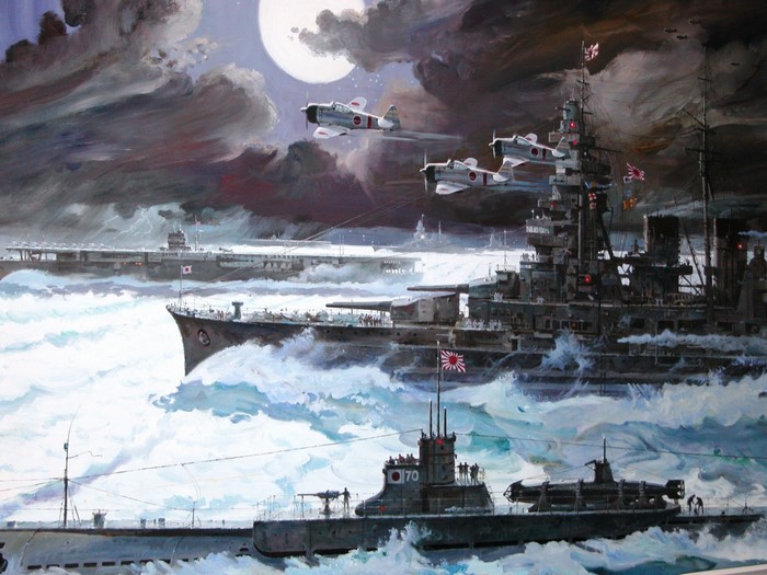 Japanese naval fleet with aircraft and submarines