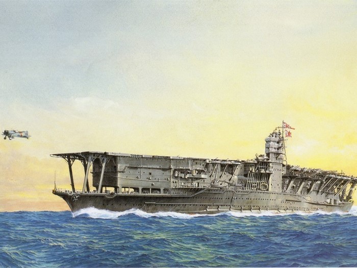 Japanese aircraft carrier and airplane in the ocean