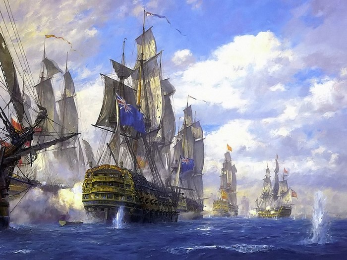 Naval battle painting with sailing ships and cannons