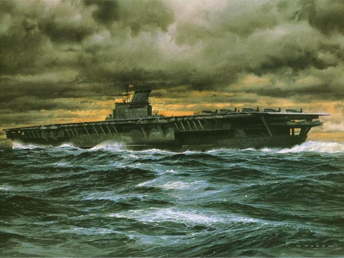 Artwork of a military aircraft carrier in rough seas
