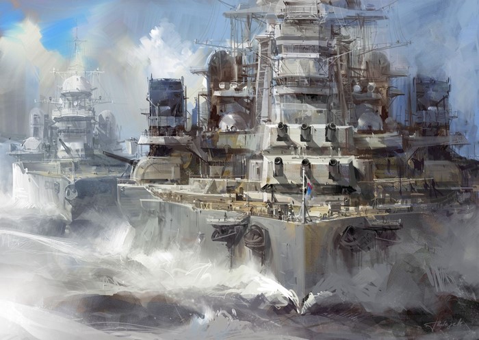 Battleships sailing through rough seas