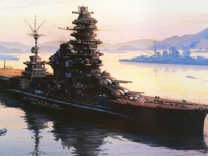 Battleship Yamato in harbor with other warships