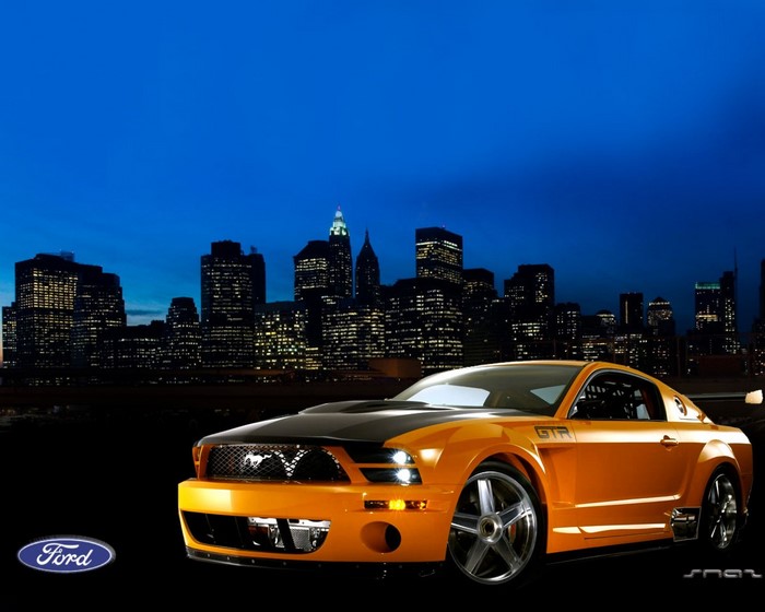 Orange Ford Mustang GTR with New York City Skyline