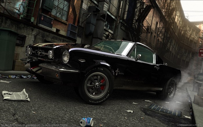 Black Ford Mustang in a Grimy Alley