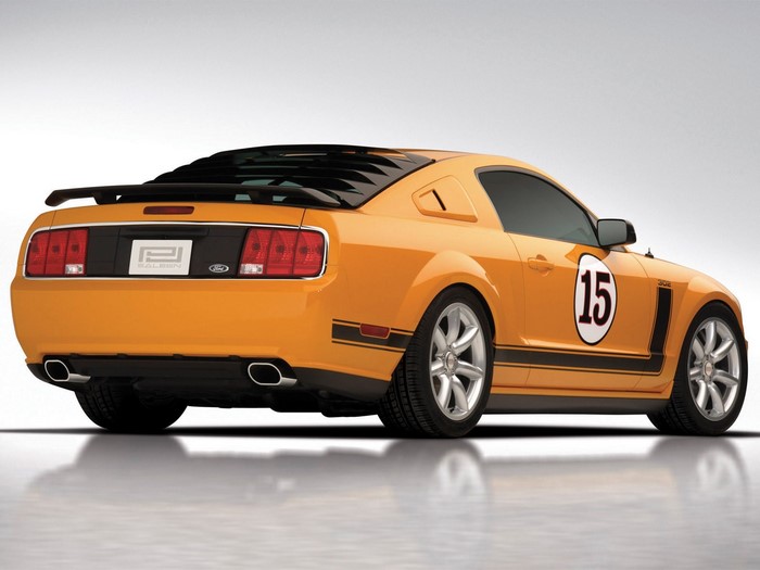 Orange Ford Mustang Saleen with racing stripes and number 15