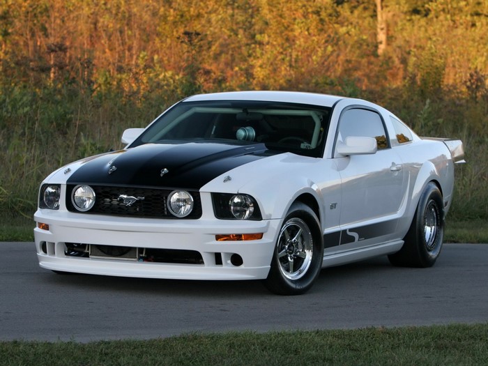 White Ford Mustang GT with black hood stripes