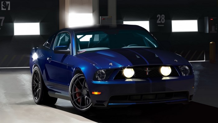 Blue Ford Mustang sports car in garage
