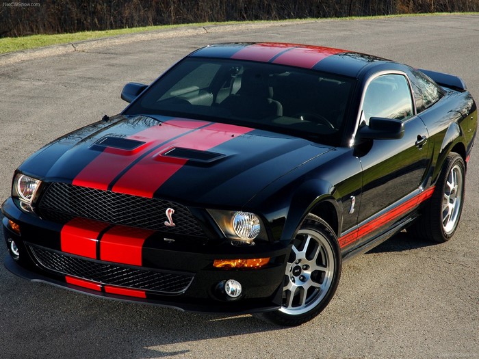 Black Ford Mustang Shelby GT500 with Red Stripes