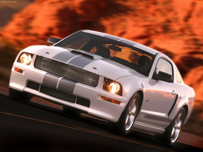 White Ford Shelby GT500 Mustang with racing stripes