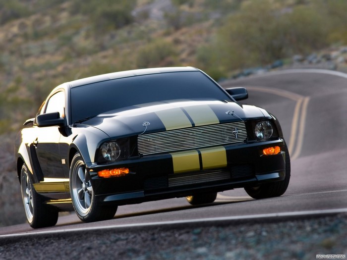 Black Ford Shelby Mustang GT500 on a winding road