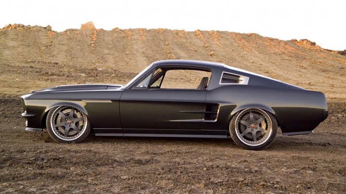 Custom Ford Mustang Fastback in a desert landscape