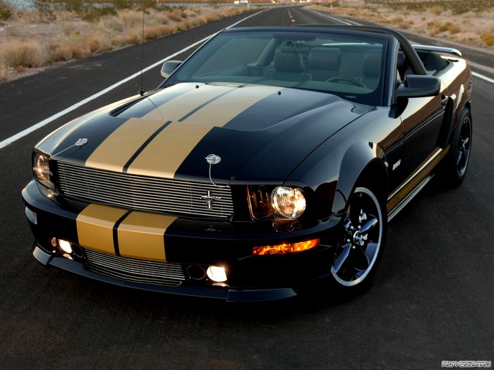 Black Ford Shelby Mustang Convertible with Gold Stripes