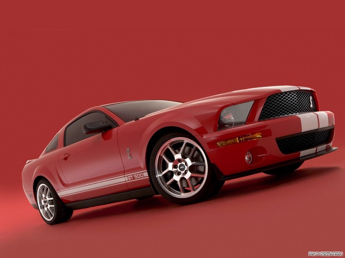 Red Ford Mustang GT 500 with White Stripes