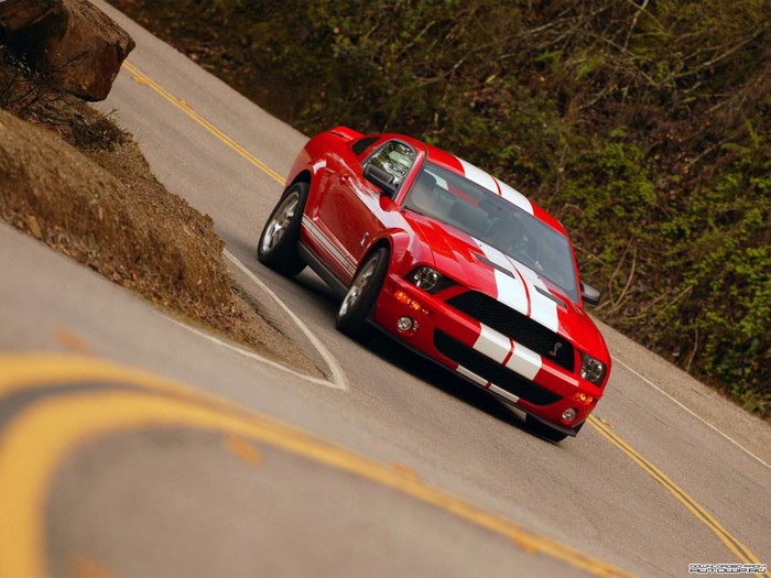 Red Ford Mustang Shelby GT500 on a winding road
