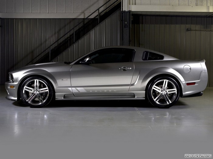 Silver Saleen Ford Mustang parked indoors