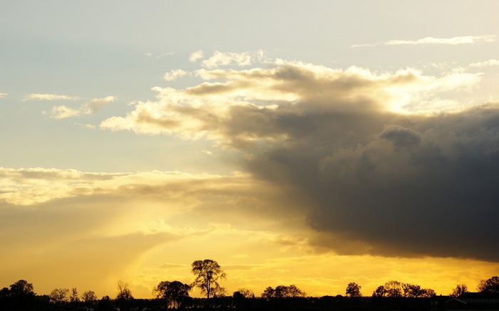 Sunset clouds over silhouetted trees and landscape