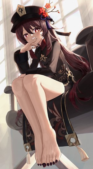 Hu Tao from Genshin Impact sitting on a chair