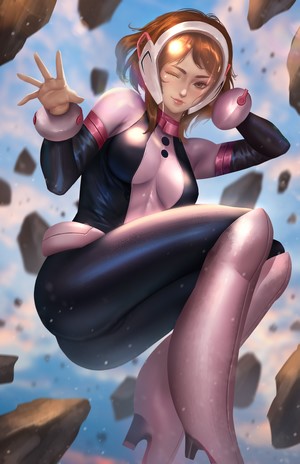 Ochako Uraraka from Boku no Hero Academia in a black and pink suit