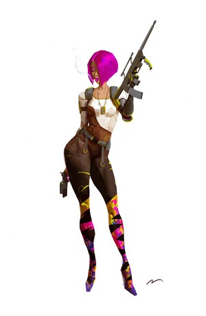 Woman with pink hair holding a rifle and pistol