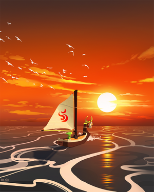 King of Red Lions sailing at sunset in The Legend of Zelda