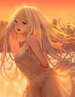 Anime girl with white hair and green eyes in a white dress at sunset