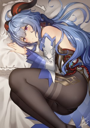 Ganyu from Genshin Impact lying in bed