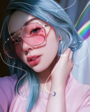 Artwork of a woman with blue hair and pink glasses
