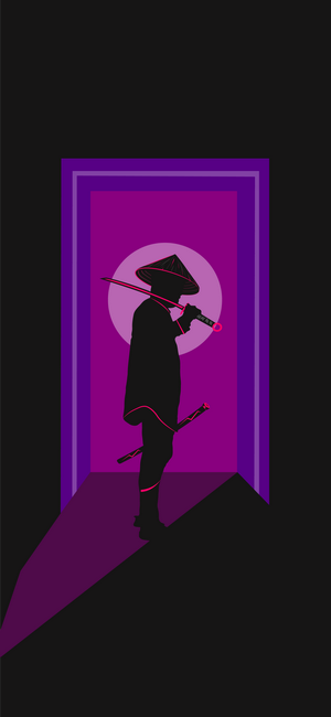 Silhouette of a samurai with swords in a neon doorway
