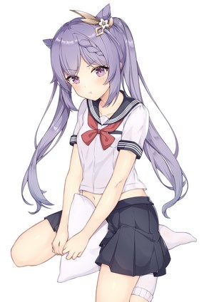Keqing from Genshin Impact in a school uniform