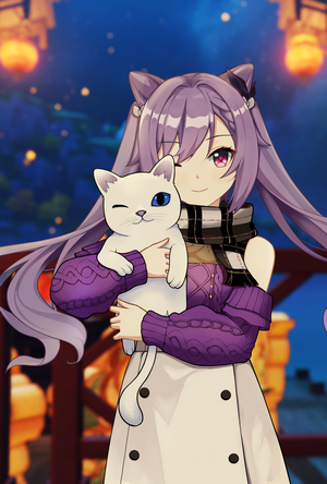 Keqing from Genshin Impact holding a white cat
