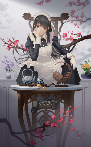 Anime Maid Sitting at a Table with Cherry Blossoms