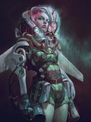Artwork of a woman in a futuristic suit with pink hair