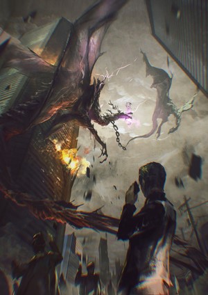 Dragons attacking a city with people watching